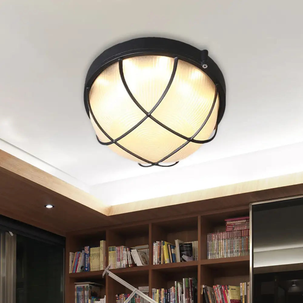 Farmhouse Flush Ceiling Lamp: 1-Light Dome Fixture Frosted Glass White/Black – Bedroom Lighting