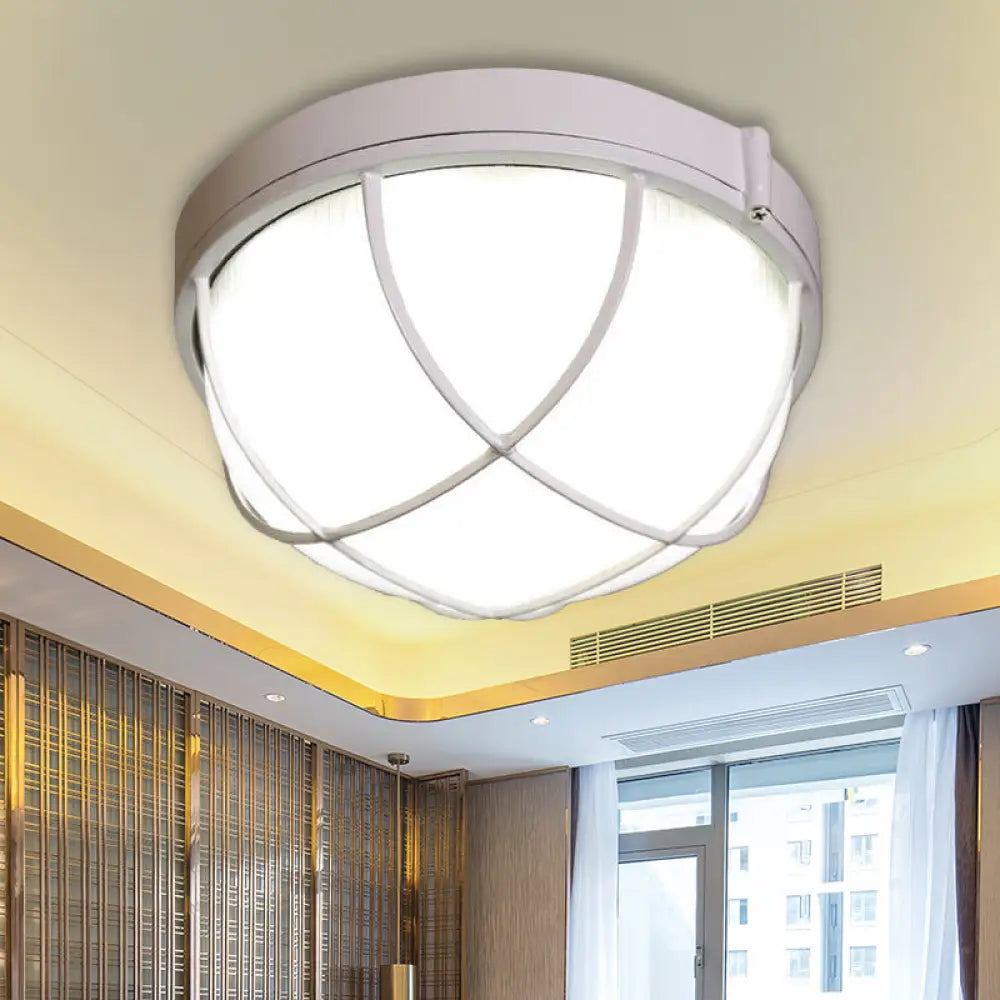 Farmhouse Flush Ceiling Lamp: 1-Light Dome Fixture Frosted Glass White/Black – Bedroom Lighting