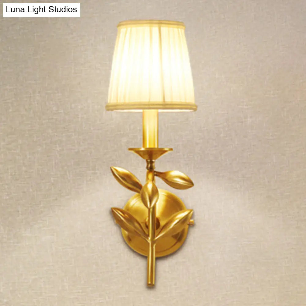Farmhouse Gold Wheat Branch Wall Light With Gathered Fabric Shade - Single Bedroom Mount Fixture