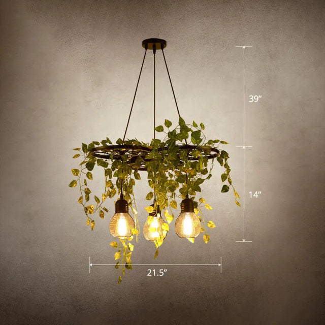 Farmhouse Green Metal Wagon Wheel Chandelier With 3 Hanging Lights And Artificial Ivy Deco / Round