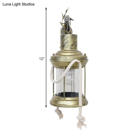 Farmhouse Metal Lantern Sconce - Brass Wall Mount Light With Branch Arm