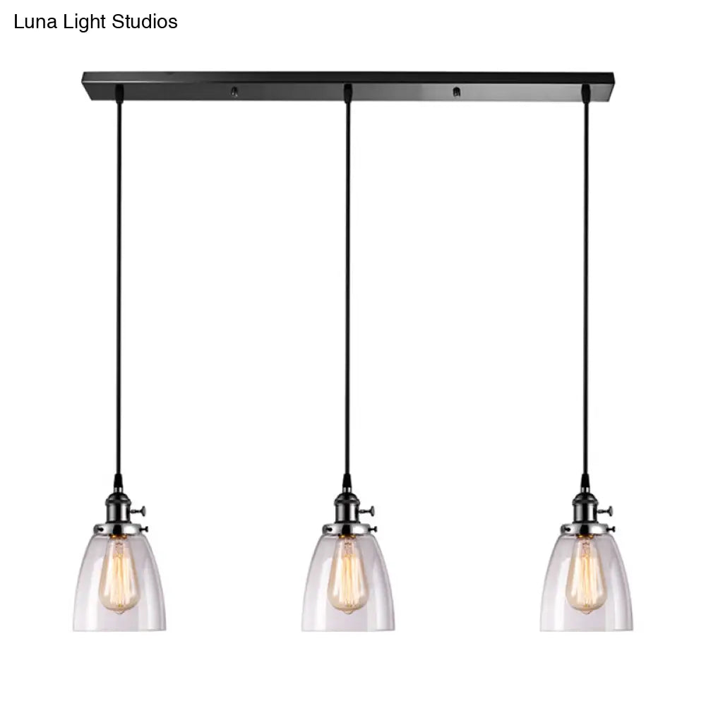 Farmhouse Multi-Pendant Light Fixture With Ribbed Clear Glass Shades For Dining Room: Linear Canopy