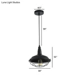 Farmhouse-Style Hanging Pendant Lamp With Tapered Cage In Barn-Shaped Black Metal