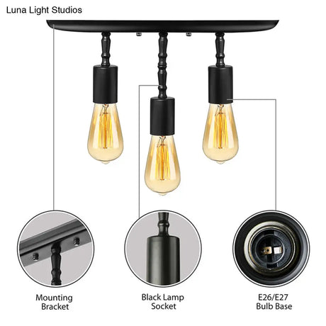 Farmhouse Style Iron Semi Flush Mount Ceiling Light Fixture - Open Bulb Design 3 Lights Black