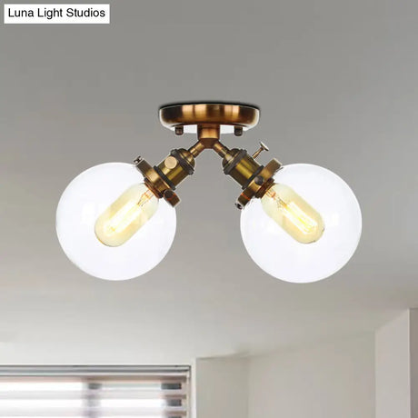 Farmhouse Style Semi Flush Ceiling Lamp - Metal And Glass With Dual Heads In Black/Bronze