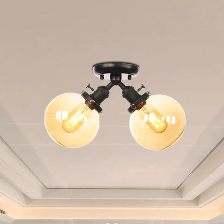 Farmhouse Style Semi Flush Ceiling Lamp - Metal And Glass With Dual Heads In Black/Bronze Black /