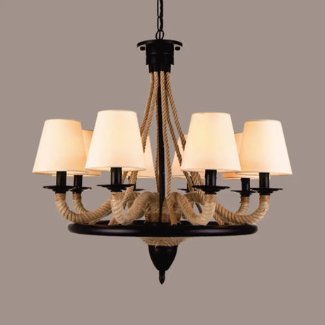 Farmhouse Wagon Wheel Pendant Light Fixture With Fabric Cone Shade - 6/8 Bulbs Beige Rope