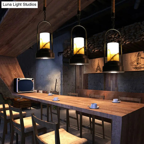 Faux Candle Wine Bar Pendant Lamp - Rural Marble 1-Light Black Hanging Light With Arched Frame &