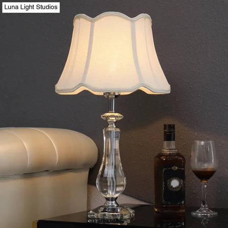 Flared/Pleated Shade Table Light: Traditional Beige/Burgundy/Sky Blue Fabric Nightstand Lamp With