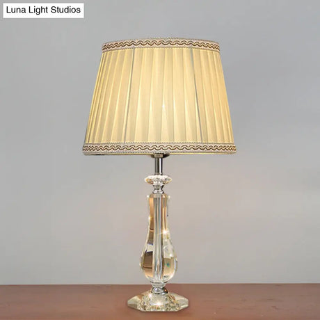 Flared/Pleated Shade Table Light: Traditional Beige/Burgundy/Sky Blue Fabric Nightstand Lamp With