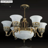Flared Shade Alabaster Glass Chandelier Traditional 9 Heads Dining Room Suspension Light In Bronze