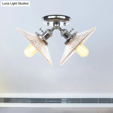 Flared Shade Ceiling Mount Light With Clear Ribbed Glass - 2 Heads Ideal For Restaurants Black/Brass