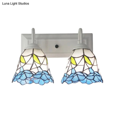 Flared Tiffany Blue Stained Glass Sconce Light With 2 Heads: Perfect For Bedroom