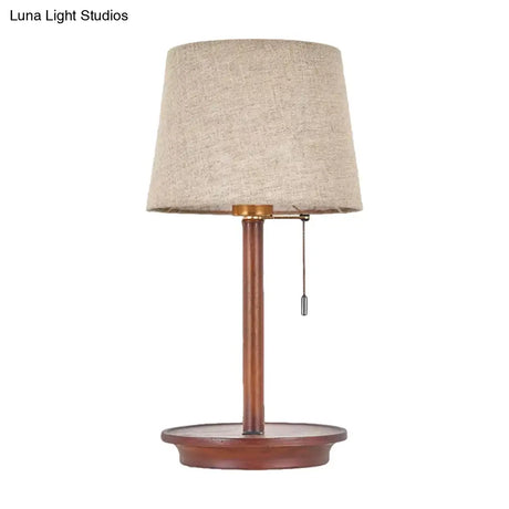 Flaxen Fabric Table Lamp With Usb Charging Port - 1-Light Bucket Pull Chain Night Light