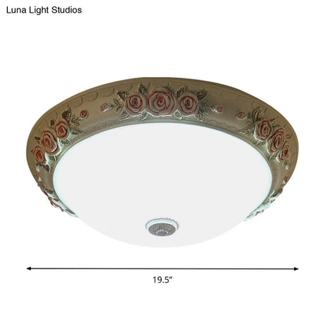 Floral Accent Led Vintage Flush-Mount Ceiling Light Fixture - White Glass 12’/16’/19.5’ Wide