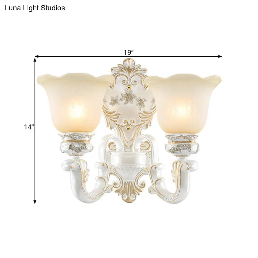 Floral Cream Glass Wall Sconce - White Cottage Light Single/Double Head Elegant Swooping Arm