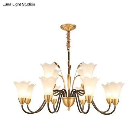 Floral Shaped White Glass Chandelier - Traditional 6/8/12 Lights Study Room Ceiling Light In Brass