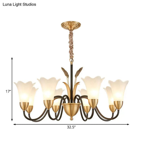 Floral Shaped White Glass Chandelier - Traditional 6/8/12 Lights Study Room Ceiling Light In Brass