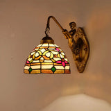 Floral Stained Glass Wall Light Fixture - Decorative Single Gold Mounted Lamp With Dome Shade /