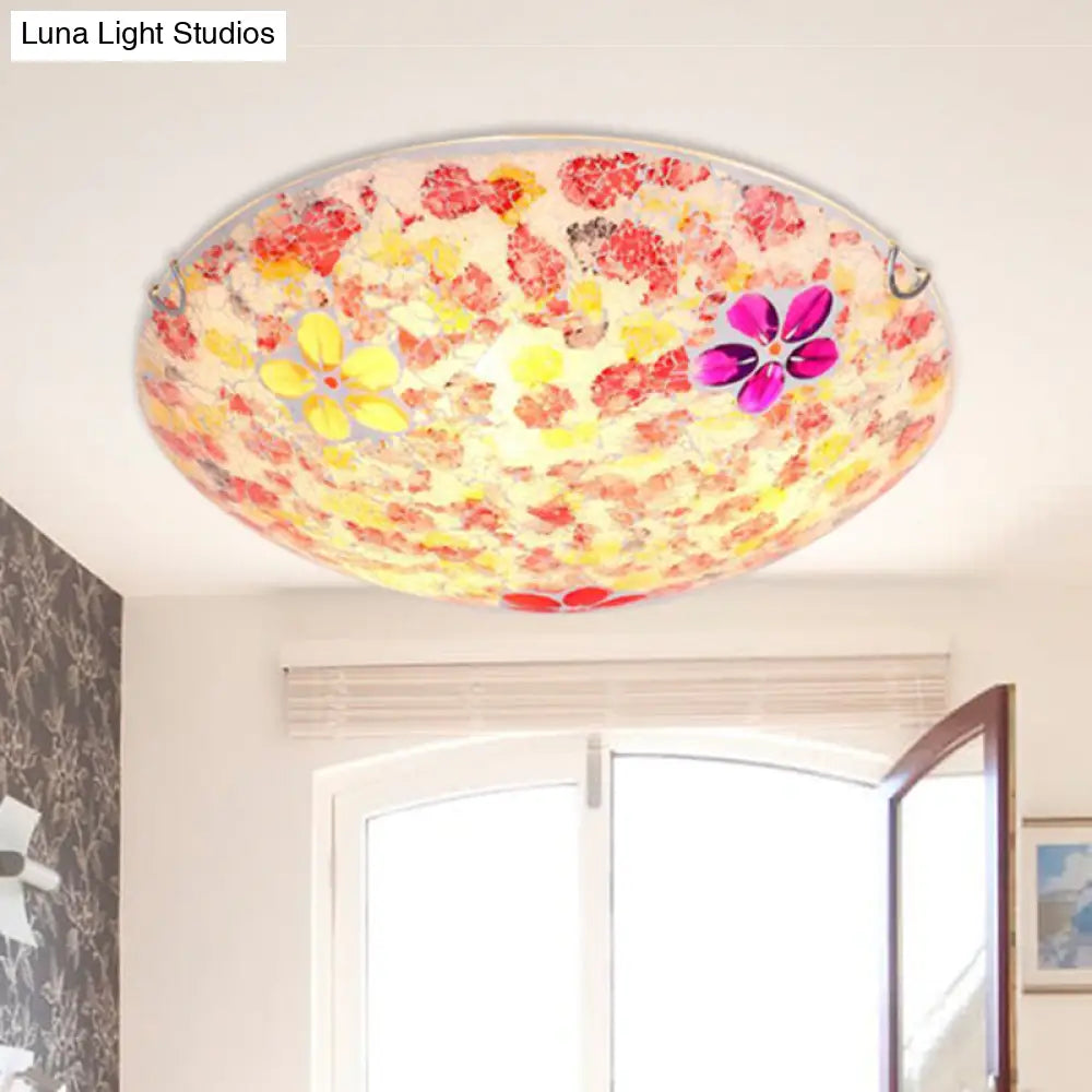 Floral Tiffany Red Stained Glass Flush Mount Lighting - 2/3 Lights 12’/16’/19.5’ Wide