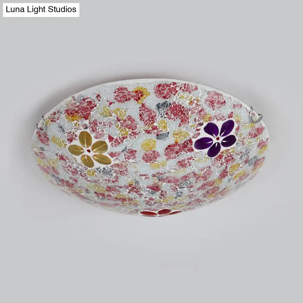Floral Tiffany Red Stained Glass Flush Mount Lighting - 2/3 Lights 12’/16’/19.5’ Wide