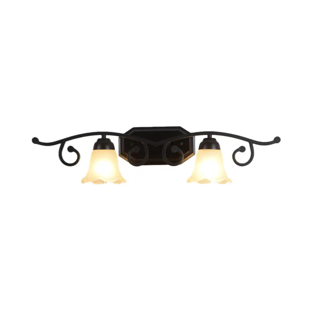 Floral White Glass Shade Vanity Lighting - Countryside Bathroom Wall Mounted Lamp 2/3 Heads Black 2
