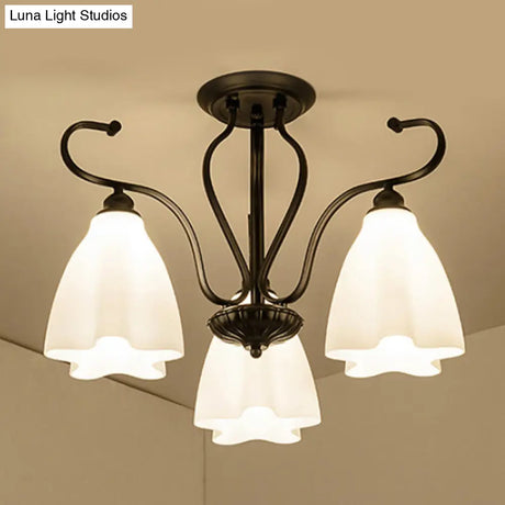 Flower-Shaped White Glass Ceiling Light Fixture With 3/6/8 Lights For Classic Living Room