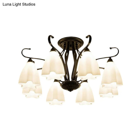 Flower-Shaped White Glass Ceiling Light Fixture With 3/6/8 Lights For Classic Living Room
