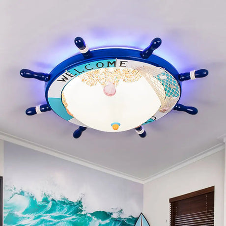 Flush Mount Wood Ship Rudder Led Ceiling Light In Mediterranean Blue/Light - Blue With Matte Glass