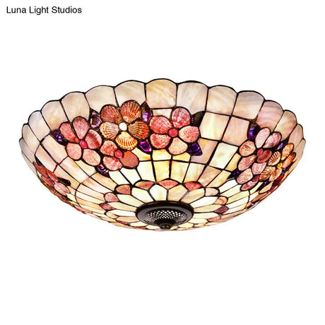 Flushmount Tiffany Shell Ceiling Light Fixture With Peony Pattern Pink 3/4 Bulbs Various Sizes