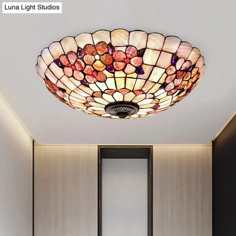 Flushmount Tiffany Shell Ceiling Light Fixture With Peony Pattern Pink 3/4 Bulbs Various Sizes