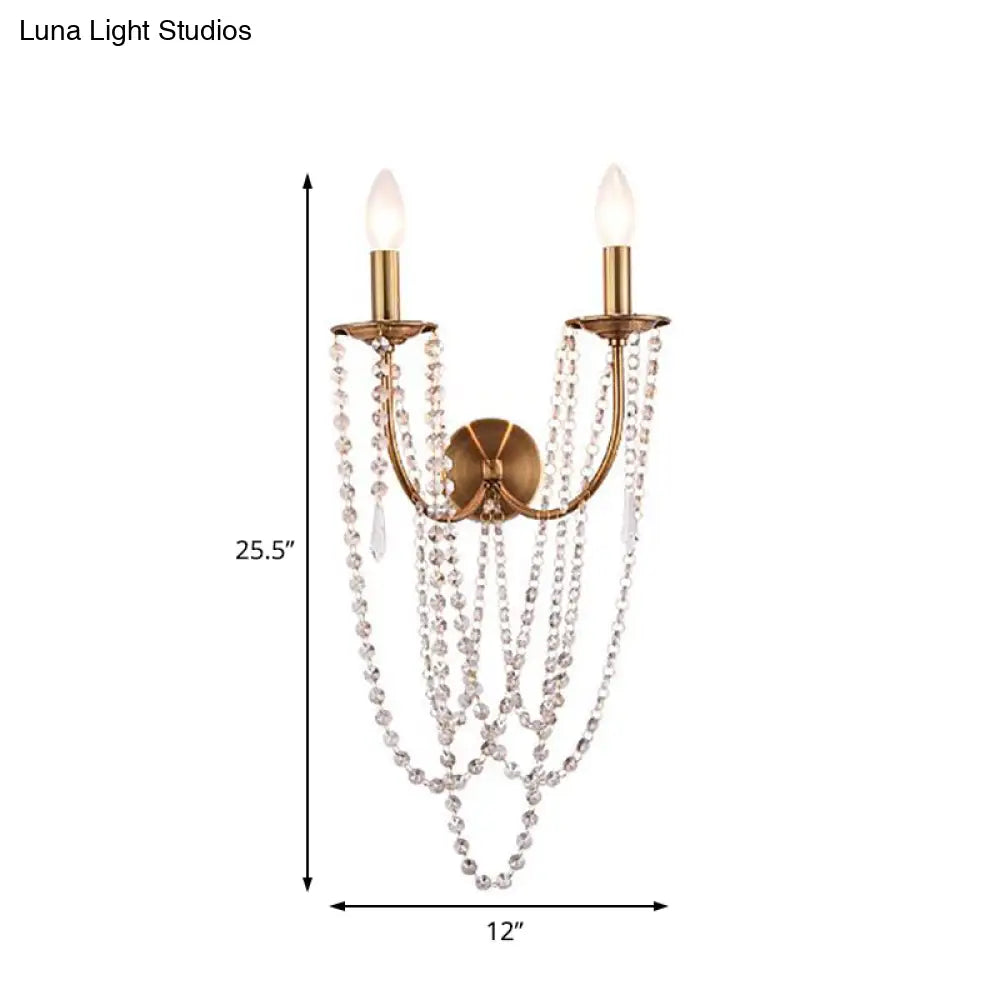 French Country 2-Head Metallic Open Bulb Wall Mount Lamp With Clear Crystal Bead - Brushed Brass