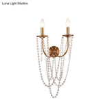 French Country 2-Head Metallic Open Bulb Wall Mount Lamp With Clear Crystal Bead - Brushed Brass