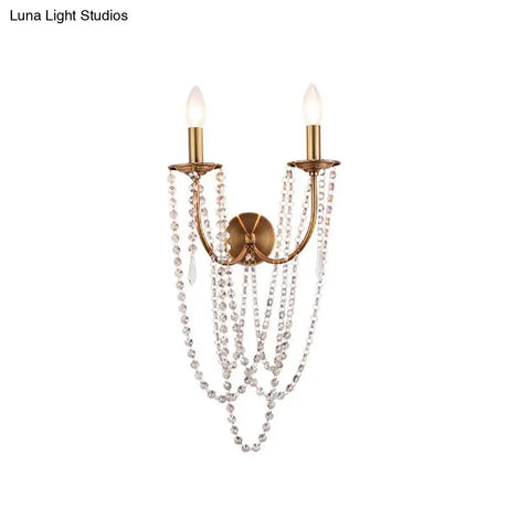 French Country 2-Head Metallic Open Bulb Wall Mount Lamp With Clear Crystal Bead - Brushed Brass