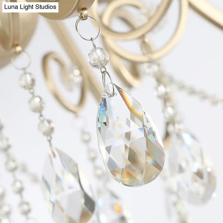 French Country Candle Chandelier Metal Pendant Light With Crystal Bead Accents In Gold 3/6/8 Lights