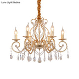 French Country Candle Chandelier Metal Pendant Light With Crystal Bead Accents In Gold 3/6/8 Lights