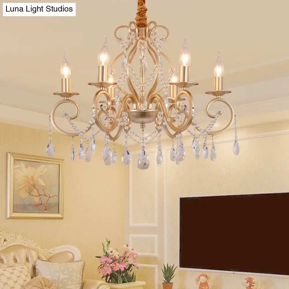 French Country Candle Chandelier Metal Pendant Light With Crystal Bead Accents In Gold 3/6/8 Lights