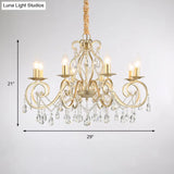 French Country Candle Chandelier Metal Pendant Light With Crystal Bead Accents In Gold 3/6/8 Lights