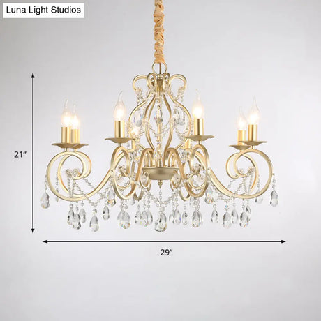 French Country Candle Chandelier Metal Pendant Light With Crystal Bead Accents In Gold 3/6/8 Lights
