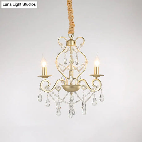 French Country Candle Chandelier Metal Pendant Light With Crystal Bead Accents In Gold 3/6/8 Lights