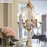 French Country Candle Chandelier With Crystal Drops - 4-Light Brass Pendant Fixture For Hallway