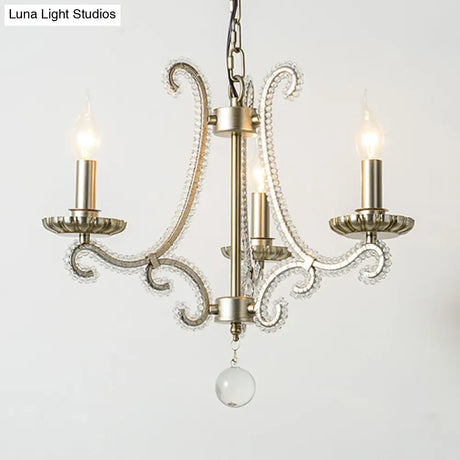 French Country Crystal Bead Chandelier With Chrome Finish - Elegant Drop Lamp For Dining Room