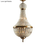 French Country Crystal Bedroom Ceiling Pendant Light Fixture - Brass Empire Chandelier