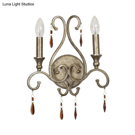 French Country Iron Candle Wall Sconce With Crystal Deco - Aged Silver 2-Light Fixture