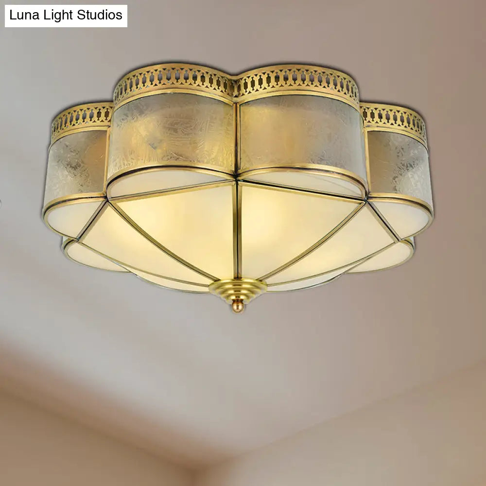 Frosted Glass And Brass Colonial Style Flush Mount Ceiling Lamp With Curved Design - Ideal For