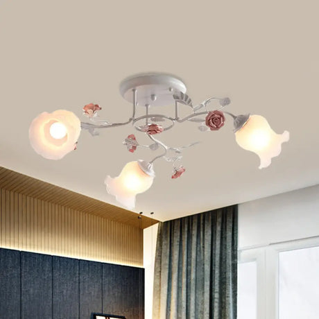 Frosted Glass Bud Semi Flush Chandelier In Pink/Blue/Blue - White - Ceiling Mount Lamp For