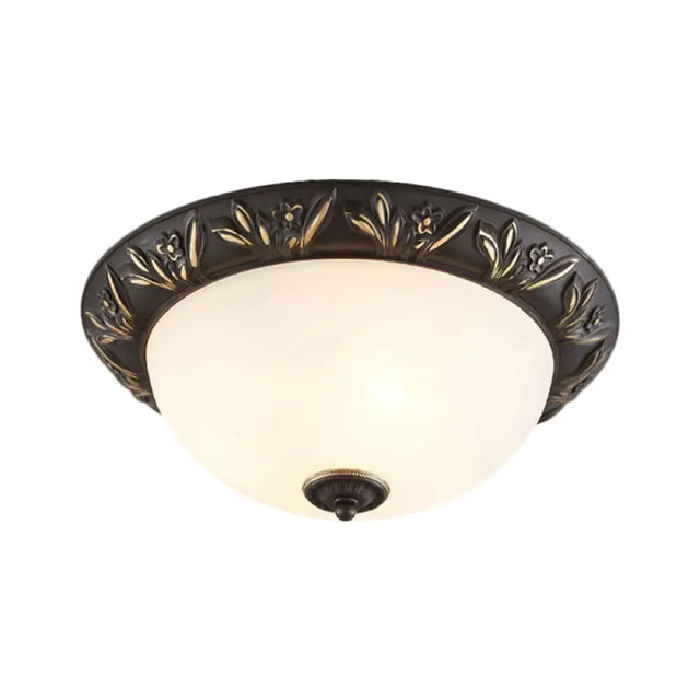 Frosted Glass Dome Flush Ceiling Lamp With Flower Edge Design In Brass/Black And Gold - Available