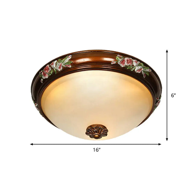 Frosted Glass Dome Shape Ceiling Flush Vintage Light Fixture With Blossom Design - Brown