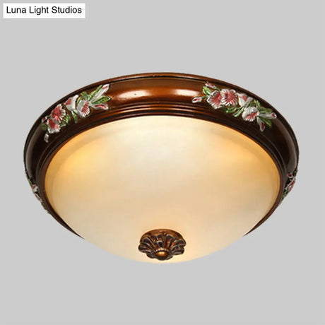 Frosted Glass Dome Shape Ceiling Flush Vintage Light Fixture With Blossom Design - Brown