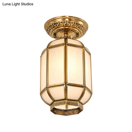 Frosted Glass Semi Flush Mount Lantern Lighting - Classic Brass 1 - Light Fixture For Corridors